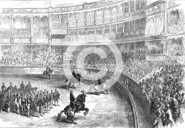 A bull-fight at Lisbon: the performers saluting the audience, 1874. Creator: Unknown.