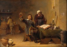A medical practitioner examining a urine flask, c1680s. Creator: Follower of David Teniers II.