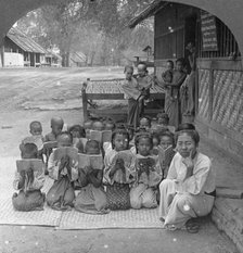 Village school and teacher, Amarapura, Burma, 1908. Artist: Stereo Travel Co