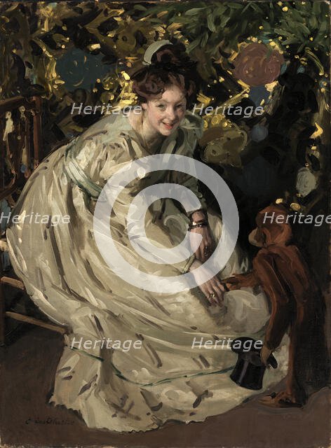 Woman in Arbor with Monkey, late 19th-early 20th century. Creator: Claudio Castelucho.