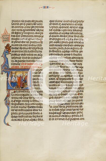 Initial P: A King and a Judge Speaking to Two Men; Vidal Mayor, about 1290-1310. Creator: Unknown.