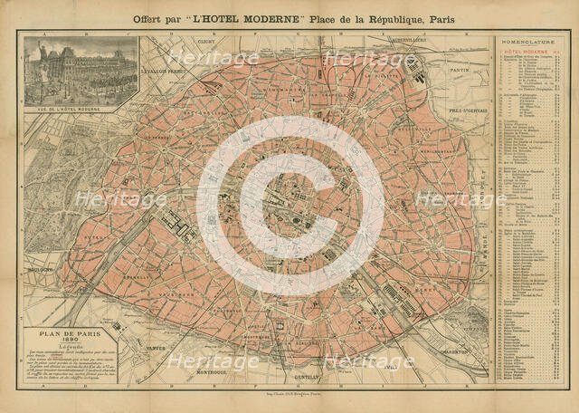 Plan de Paris, 1890. Offert par l'Hôtel Moderne, Place de la République, Paris, 1890. Creator: Anonymous.