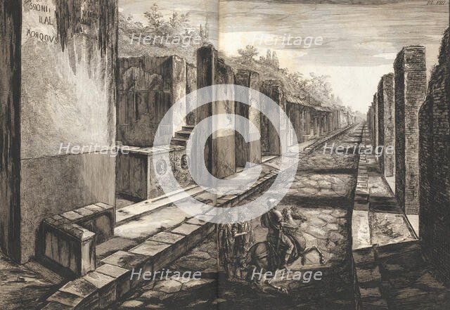View from the street entering beneath the gateway to the city of Pompeii, with the foot pa..., 1804. Creator: Francesco Piranesi.