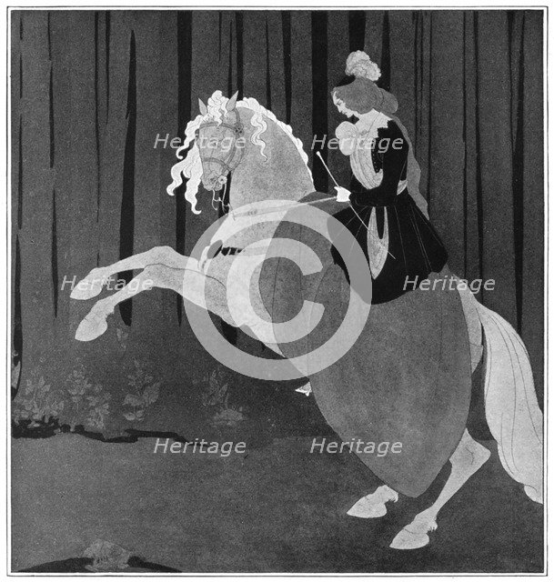 A woman sitting on a rearing horse, 1898.Artist: Aubrey Beardsley