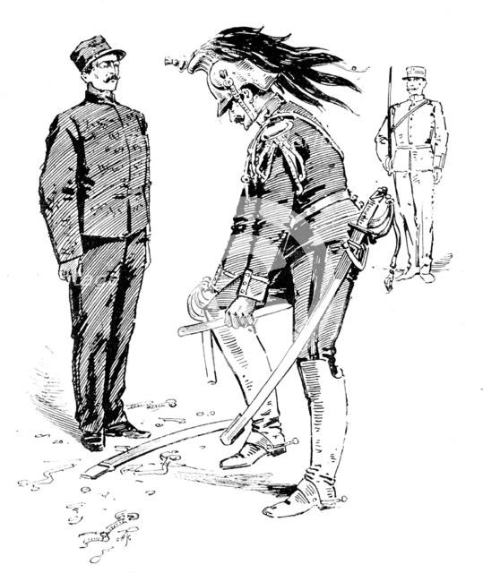 The Degradation of Captain Dreyfus: showing the correct way of breaking the sword, 1895. Creator: Carl Hentschel.