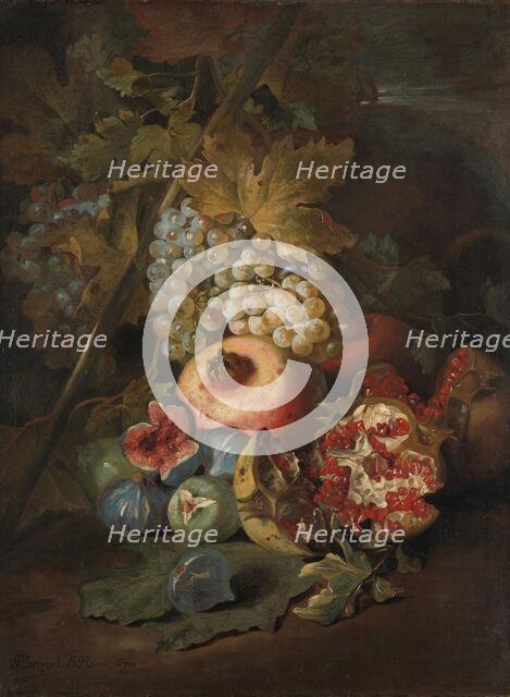Bunches of Grapes, Pomegranates and Figs in a Landscape, 1670. Creator: Abraham Brueghel.