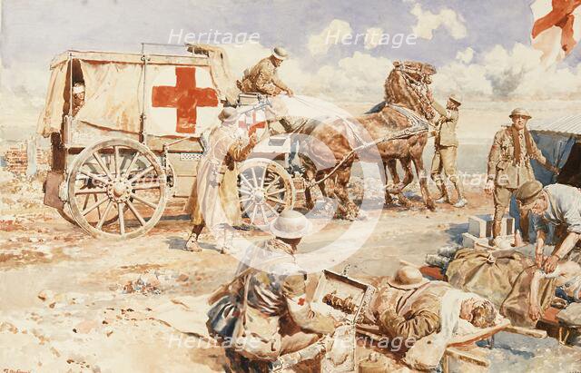 World War I: an advanced dressing station on the Western Front, 1917. Creator: Fortunino Matania.