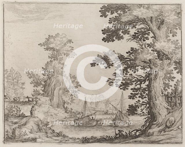 Landscape and River with Anchored Vessels, 1638. Creator: Ercole Bazicaluva.