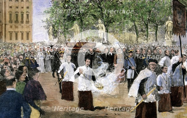 Reign of Alphonse XII, procession of San Isidro, to ask for rain and peace, drawing by M. Allazar…