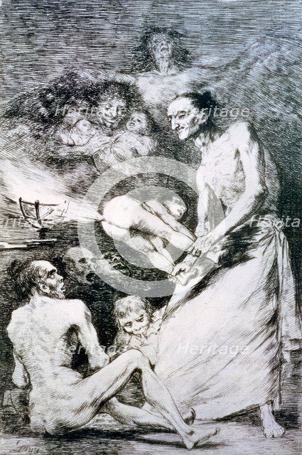 Los Caprichos, series of etchings by Francisco de Goya (1746-1828), plate 69: 'Sopla' (Gust the w…