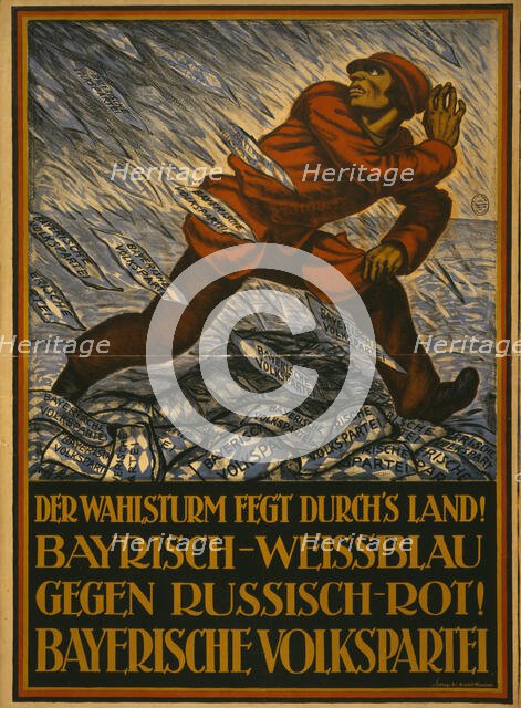 The election storm is sweeping through the country! Bavarian white and blue against..., 1919. Creator: Keimel, Hermann (1889-1948).