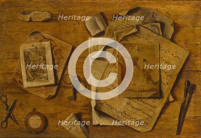 Trompe-l’œil with musical score, drawings and keys, c. 1800. Artist: Anonymous  