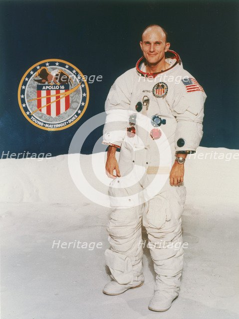 Apollo 16 astronaut Thomas Mattingly in spacesuit, 1971. Artist: Unknown