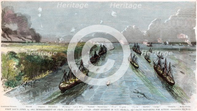 Bombardment of Forts Jackson and St Philip, Louisiana, American Civil War, April 1862. Artist: Unknown