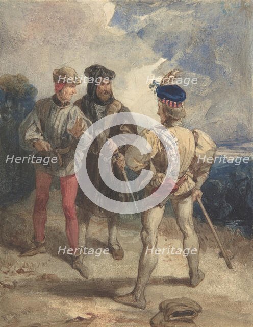 Quentin Durward and the Disguised Louis XI (recto); Study of male figure (verso), 1825 or 1826. Creator: Richard Parkes Bonington.