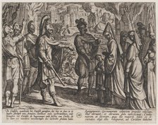 Plate 28: Cologne Troops Bring Civilis' Wife and Sister to Cerialis, from The War of the R..., 1611. Creator: Antonio Tempesta.