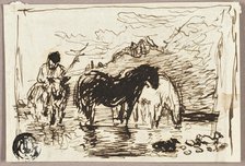 Sketch of Watering Horses, c.1847. Creator: John Burnet.