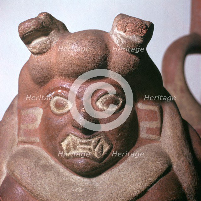 Peruvian earthenware bottle in the form of a squatting figure, 5th century. Artist: Unknown