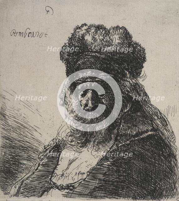 Bearded old man in a high fur cap, with eyes closed, c.1635. Creator: Rembrandt Harmensz van Rijn.