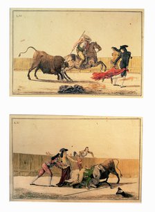 Colored Engravings by Antonio Carnicero, Plate VIII, 'Suerte de Banderillas', Plate IX: 'Suerte d…
