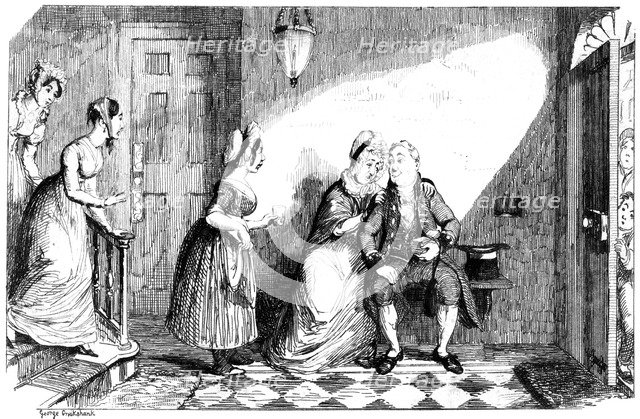 A number of women attend to a poorly man, 19th century.Artist: George Cruikshank