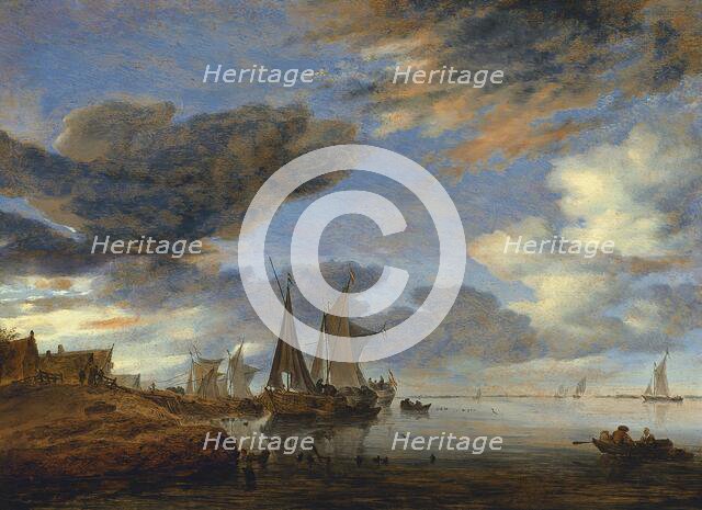 Sailing Vessels moored near a Village, 1660. Creator: Salomon Ruysdael.