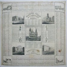 Hackney Coach and Cabriolet Fares/ Regulations and Acts of Parliament (Handkerchief), 1832. Creator: John Leander Bishop.
