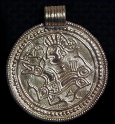Gold bracteate from Sweden showing Odin and a raven. Artist: Unknown