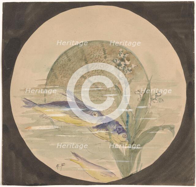 Design for a plate with three blue and yellow fish and a water plant, c.1875-c.1890. Creator: Gustave Fraipont.