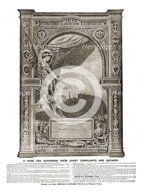 ''Bertelli's Catramin Pills; Gold Medal Diploma Nationl Exhibition Edinburgh 1890', 1891. Creator: Unknown.