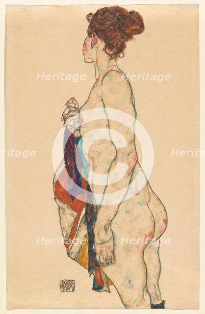 Standing Nude with a Patterned Robe, 1917. Creator: Egon Schiele.