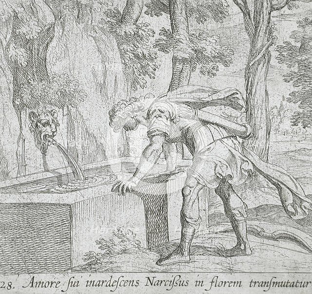 Narcissus at the Well, published 1606. Creators: Antonio Tempesta, Wilhelm Janson.