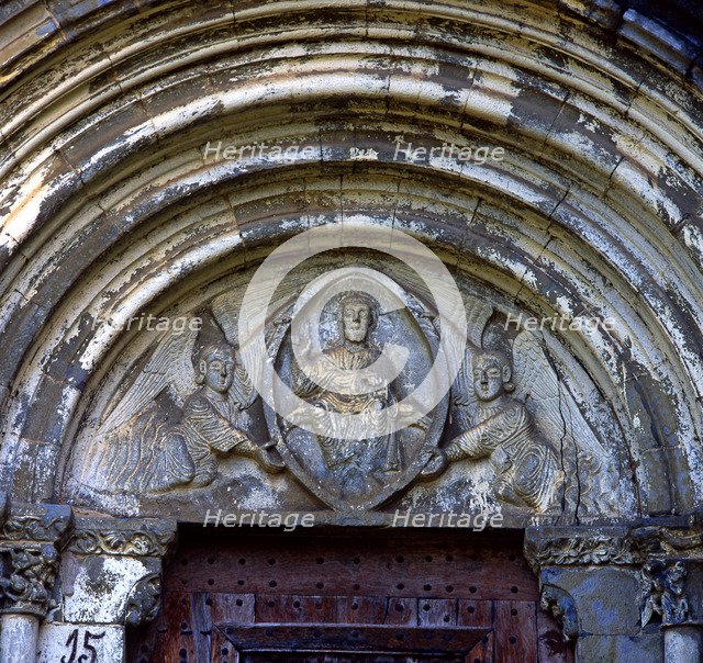 Church of Our Lady of Baldos in Montañana (Huesca), detail of main portal with tympanum carved wi…