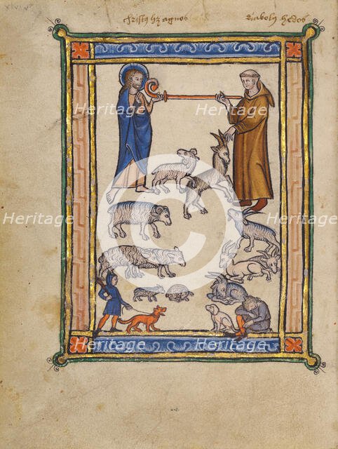Christ and a Monk and Two Shepherds; Bestiary, about 1270. Creator: Unknown.