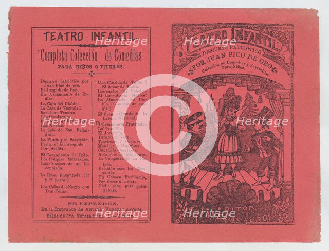 Cover for 'Coleccion de Comedias y Zarzuelitas para Niños', woman on stage flanke..., ca. 1880-1910. Creator: José Guadalupe Posada.