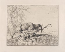 Stag Fighting a Wolf, after Antoine Louis Barye, 1846. Creator: Charles Emile Jacque.