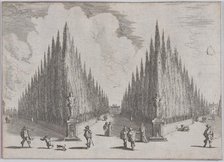 Three alleés separated by two groups of trees in pointed configurations, from 'Views of Ga..., 1636. Creator: Johann Wilhelm Baur.