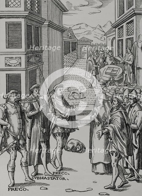 The town crier blowing his trumpet and the auctioneer, the public official in..., 1557, (1878).  Creator: Unknown.