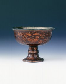 Lacquer stem cup with Buddhist emblems and butterflies, Ming dynasty, China, 17th century. Artist: Unknown