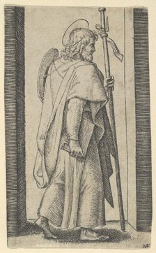 Saint James Major, book is his right hand, staff in his left facing right, from t..., ca. 1500-1527. Creator: Marcantonio Raimondi.