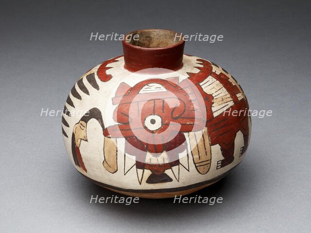 Jar Depicting a Performer Wearing Abstract Bird Costume and Holding a Trophy Head, 180 BC/AD 500. Creator: Unknown.