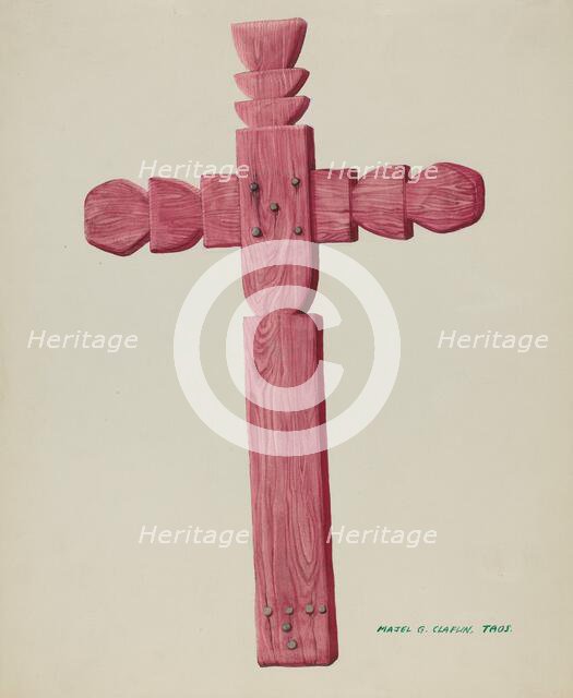 Red Wooden Cross used as Headstone, c. 1937. Creator: Majel G. Claflin.