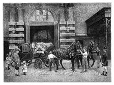 Harnessing the black horses at the Royal Mews, Buckingham Palace, London, c1888. Artist: Unknown