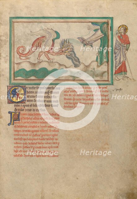 The Dragon Hurls Water after the Woman Clothed in the Sun; Dyson Perrins Apocalypse, about 1255-1260 Creator: Unknown.