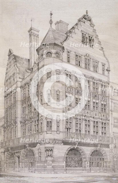 Design for Alliance Assurance Offices No.1, 1-2 St. James's Street, London: perspective, c1882. Creator: William Lethaby.