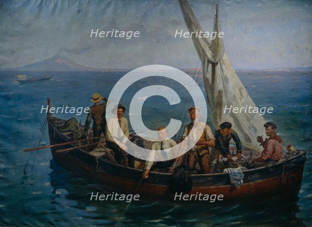 Lenin and the author Maxim Gorky with the Fishermen at the Capri Island, 1946. Artist: Tcheptsov, Yefim Mikhailovich (1875-1950)