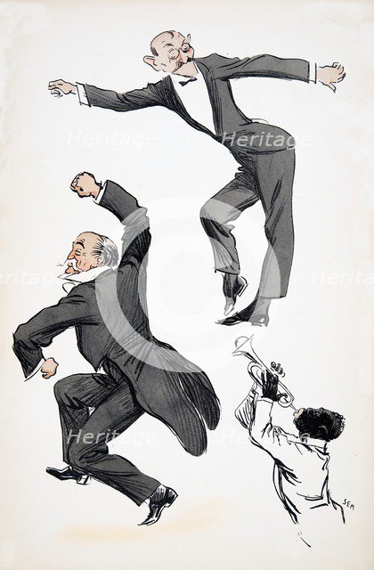 Elderly gentleman in tails and younger gentleman in black tie dance to a musician playing trumpet, f