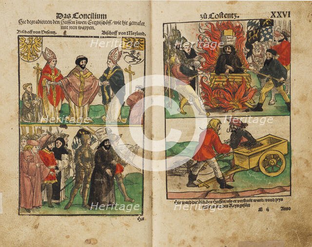 Jan Hus delivered over to the secular power. Jan Hus burned at the stake, and his ashes..., 1538. Creator: Breu; Jörg; the Younger (1510-1547).