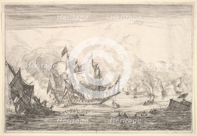 Naval Battle with an English Ship Foundering on the Left, from Naval Battles (Nieuwe Sc..., 1652-54. Creator: Reinier Zeeman.