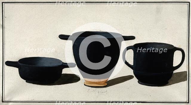 Black Greek drinking cups; left, shallow cup with horizontal handles; middle, tall cup..., 1760-9. Creator: Augustin Dahlsteen.